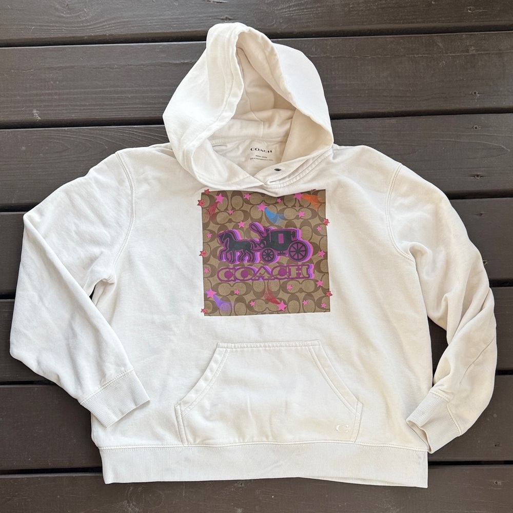 Coach White Hoodie with Graphic Logo Disco Stars and Carriage